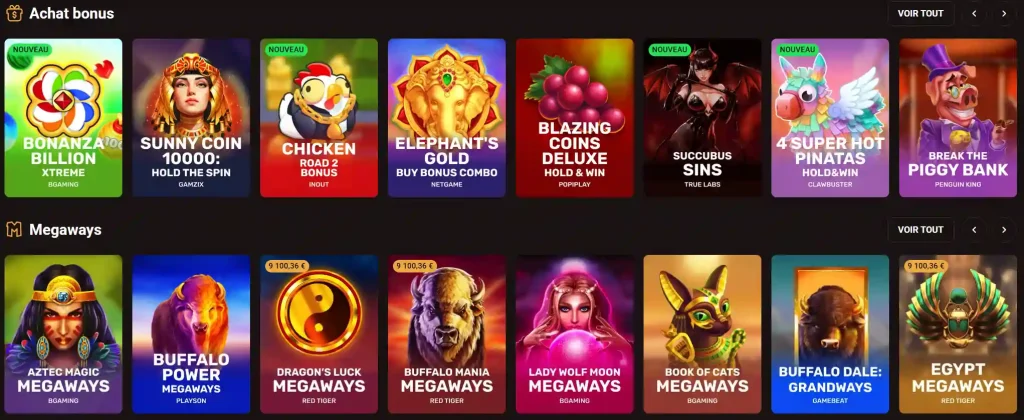 WinKingdom Casino section Achat bonus et jeux Megaways avec plusieurs machines à sous