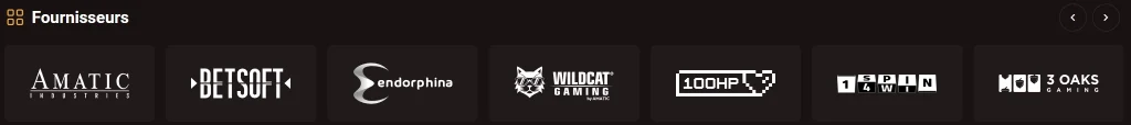 WinKingdom Casino fournisseurs de jeux avec logos Amatic, Betsoft, Endorphina et 1Spin4Win