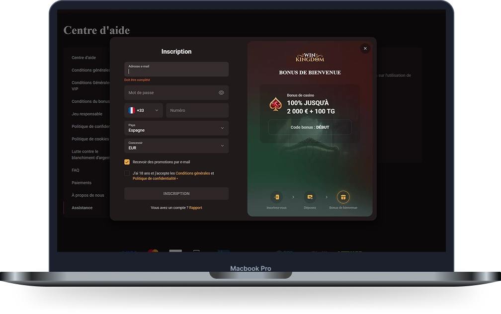 WinKingdom Casino page d’inscription avec bonus de bienvenue sur ordinateur