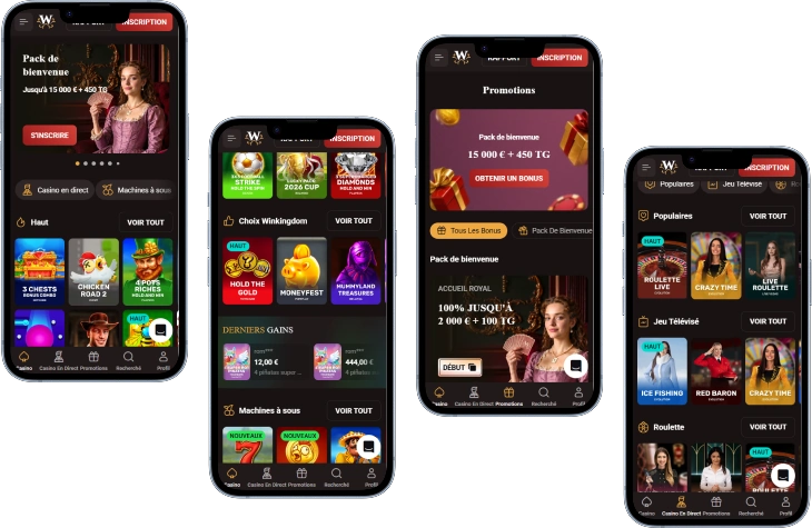 WinKingdom Casino interface mobile avec promotions, machines à sous et jeux live
