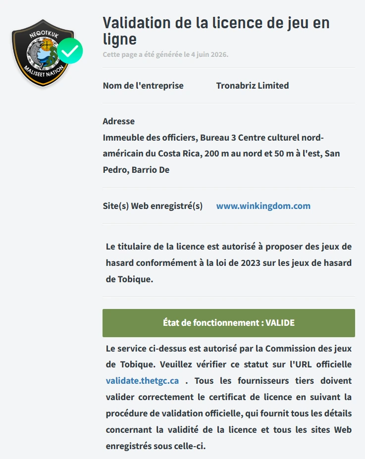 WinKingdom Casino validation de licence de jeu en ligne Tobique